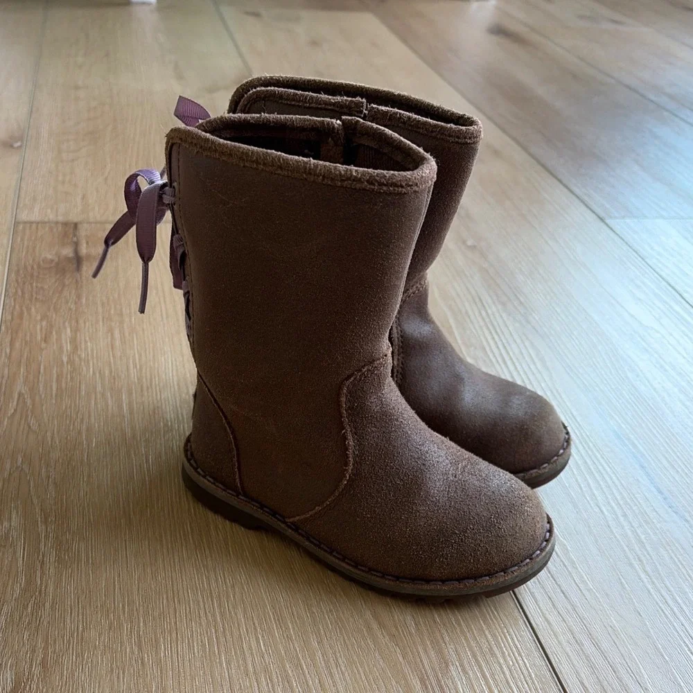 UGG Australia Kids Brown Suede Ribbon Lace Back‎ Zip Boots toddler size 8